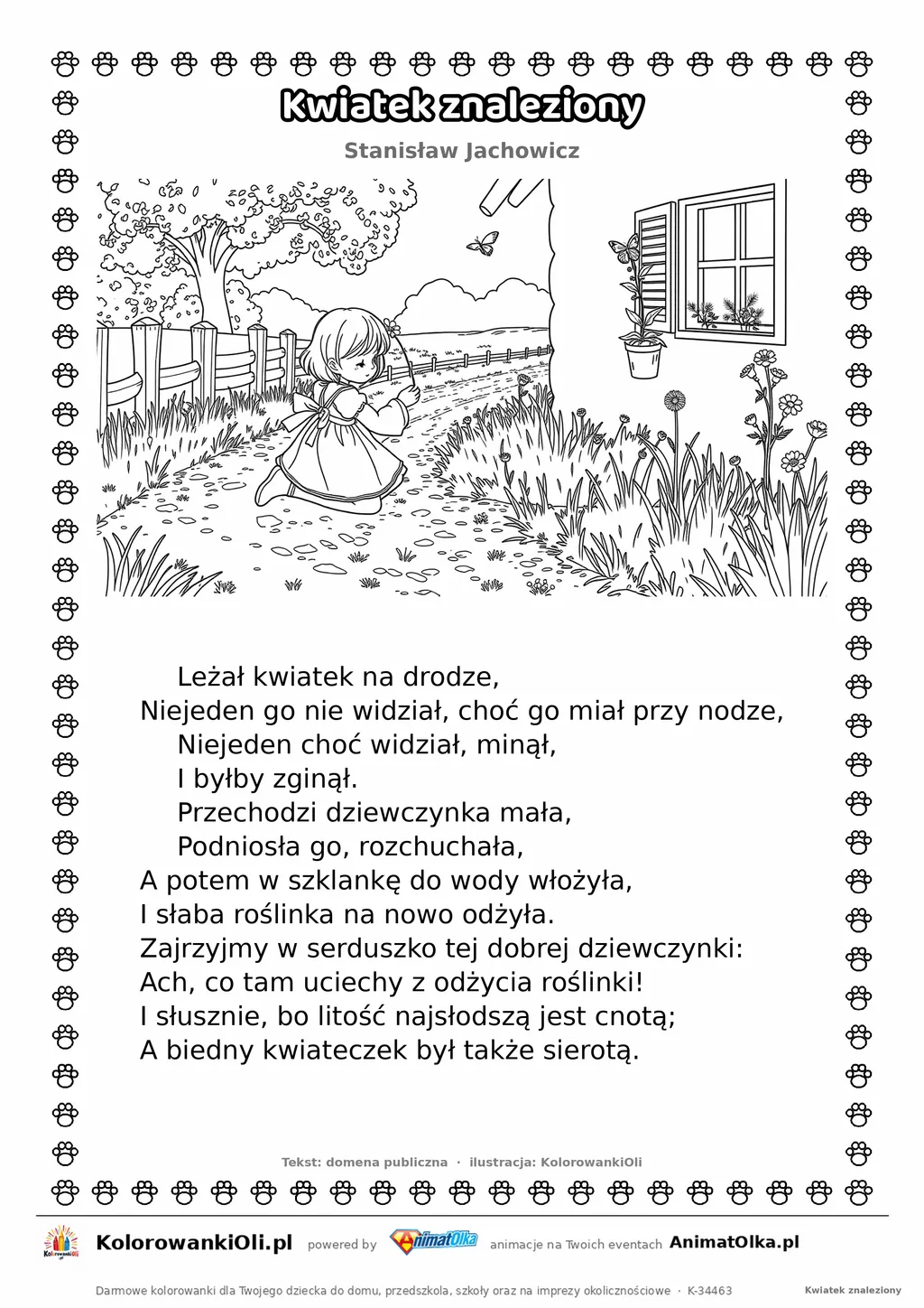 Kwiatek znaleziony (Stanisław Jachowicz) — tekst wiersza i ilustracja do kolorowania, karta A4 do druku