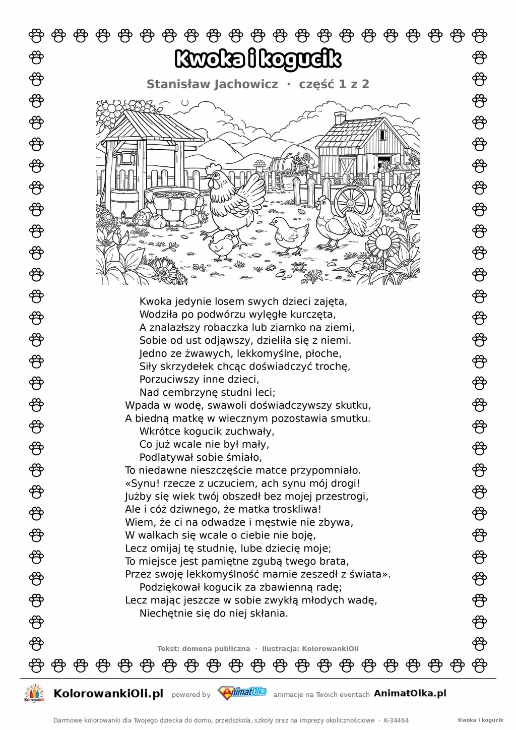 Kwoka i kogucik (Stanisław Jachowicz) — tekst wiersza i ilustracja do kolorowania (część 1 z 2), karta A4 do druku