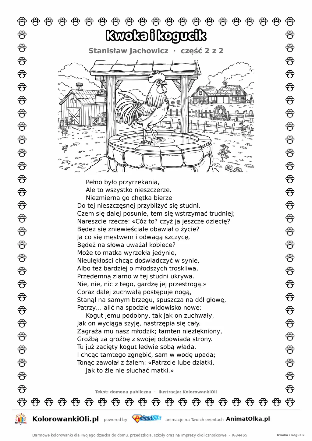 Kwoka i kogucik (Stanisław Jachowicz) — tekst wiersza i ilustracja do kolorowania (część 2 z 2), karta A4 do druku