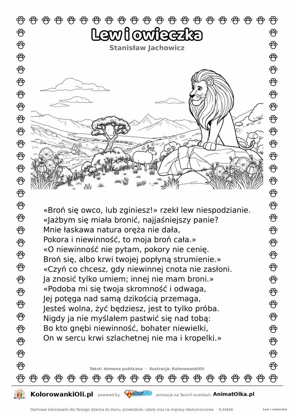 Lew i owieczka (Stanisław Jachowicz) — tekst wiersza i ilustracja do kolorowania, karta A4 do druku
