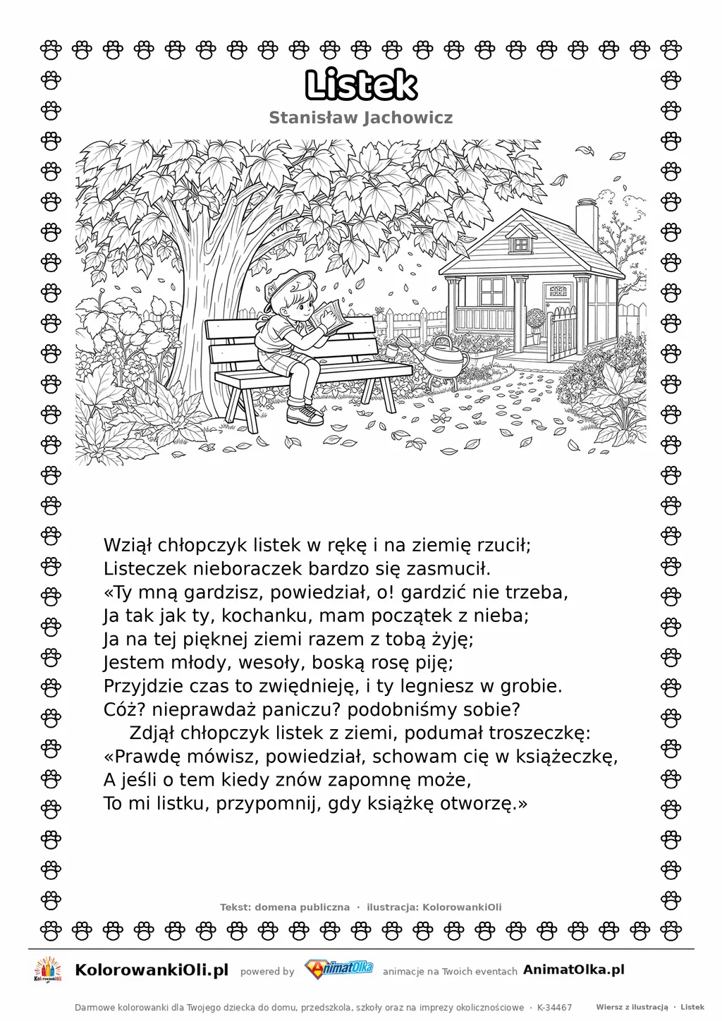 Listek (Stanisław Jachowicz) — tekst wiersza i ilustracja do kolorowania, karta A4 do druku
