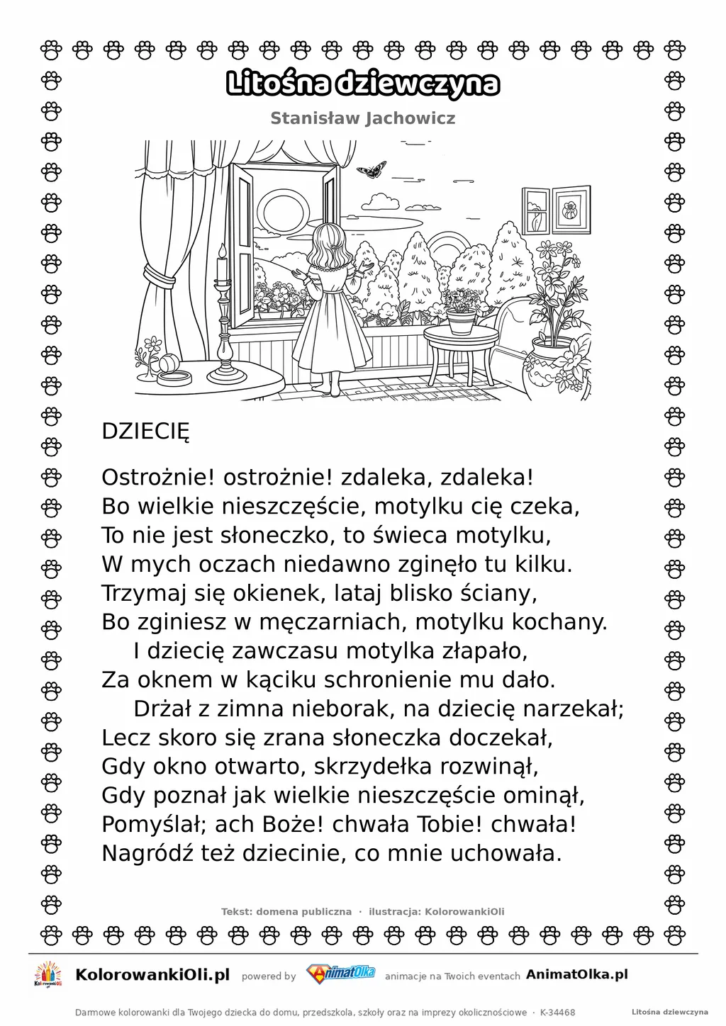 Litośna dziewczyna (Stanisław Jachowicz) — tekst wiersza i ilustracja do kolorowania, karta A4 do druku