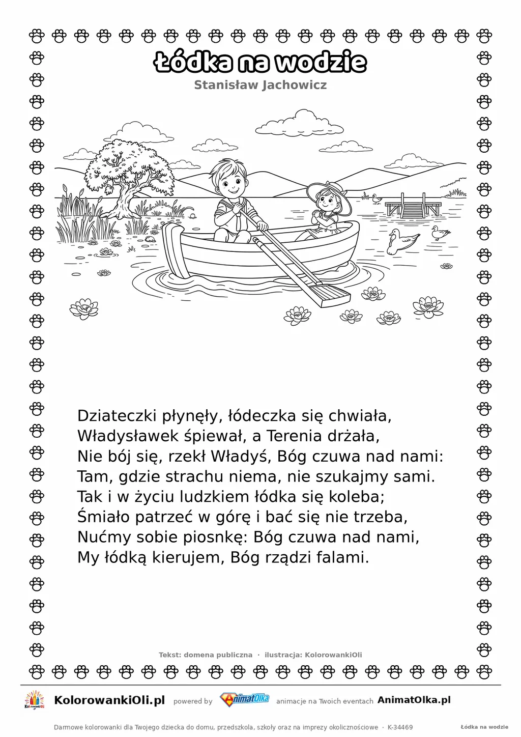 Łódka na wodzie (Stanisław Jachowicz) — tekst wiersza i ilustracja do kolorowania, karta A4 do druku