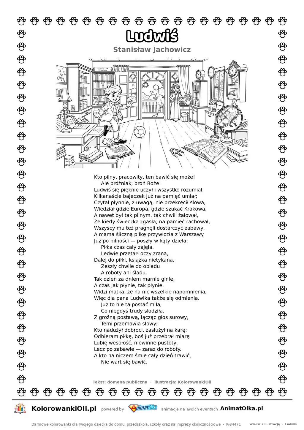 Ludwiś (Stanisław Jachowicz) — tekst wiersza i ilustracja do kolorowania, karta A4 do druku