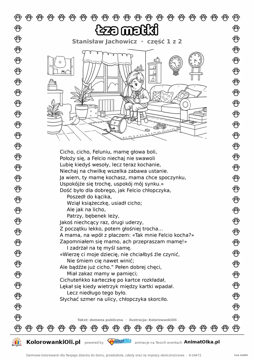 Łza matki (Stanisław Jachowicz) — tekst wiersza i ilustracja do kolorowania (część 1 z 2), karta A4 do druku