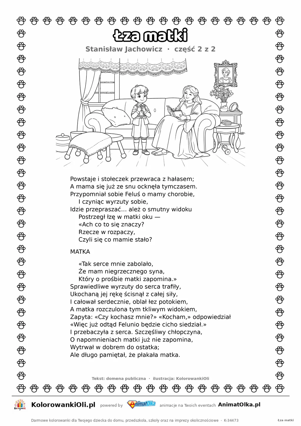 Łza matki (Stanisław Jachowicz) — tekst wiersza i ilustracja do kolorowania (część 2 z 2), karta A4 do druku