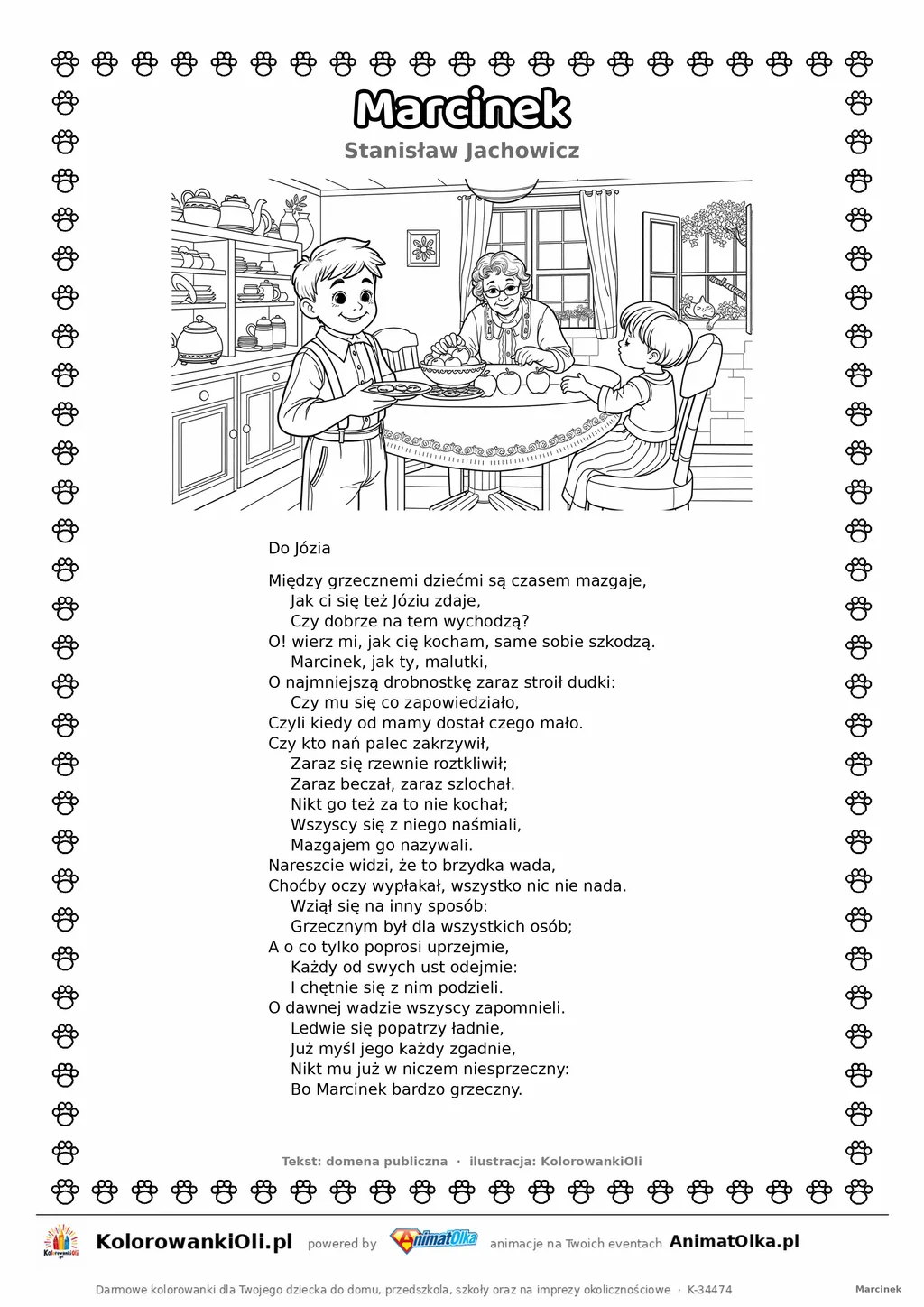 Marcinek (Stanisław Jachowicz) — tekst wiersza i ilustracja do kolorowania, karta A4 do druku