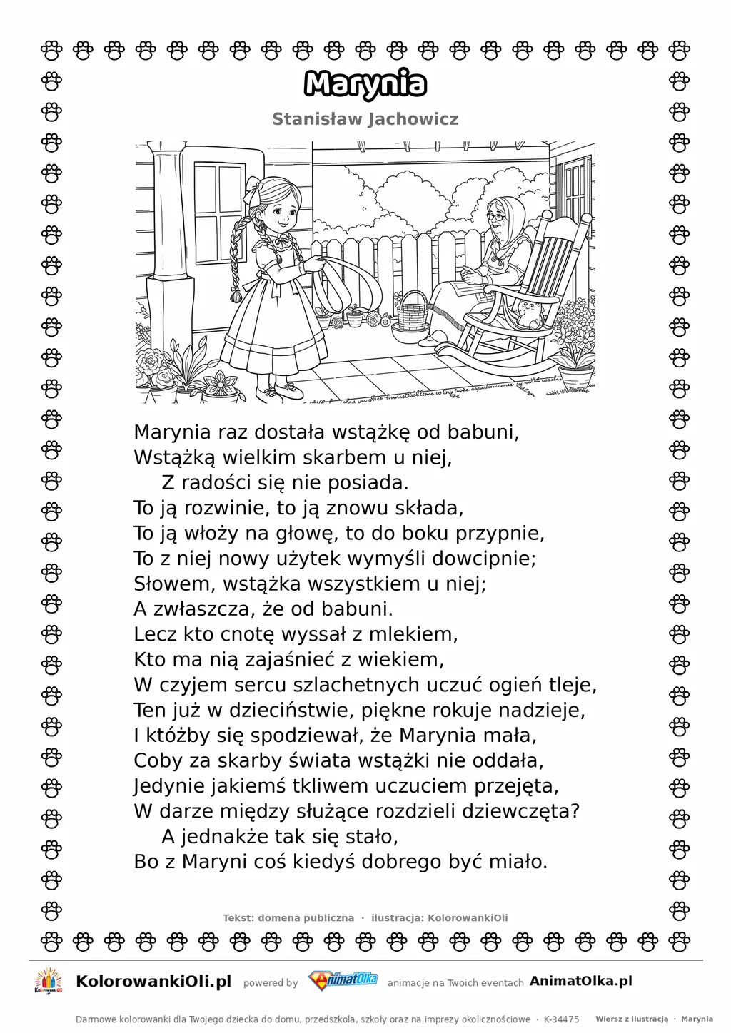 Marynia (Stanisław Jachowicz) — tekst wiersza i ilustracja do kolorowania, karta A4 do druku