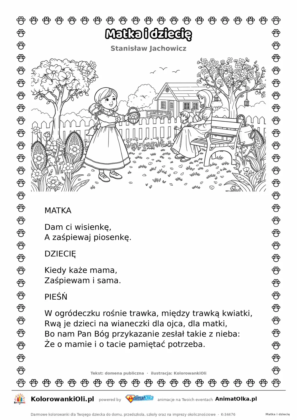 Matka i dziecię (Stanisław Jachowicz) — tekst wiersza i ilustracja do kolorowania, karta A4 do druku