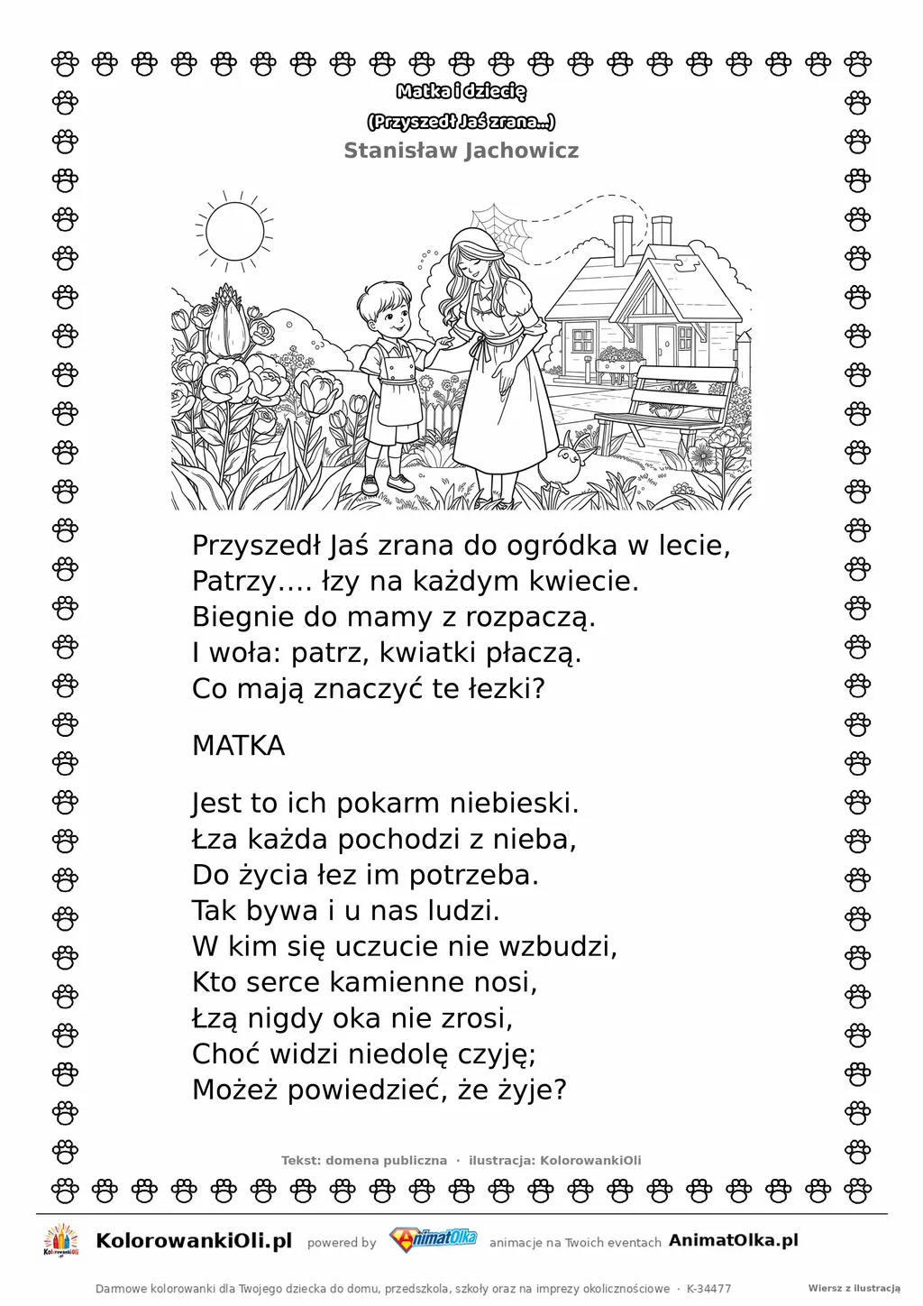Matka i dziecię (Przyszedł Jaś zrana...) (Stanisław Jachowicz) — tekst wiersza i ilustracja do kolorowania, karta A4 do druku