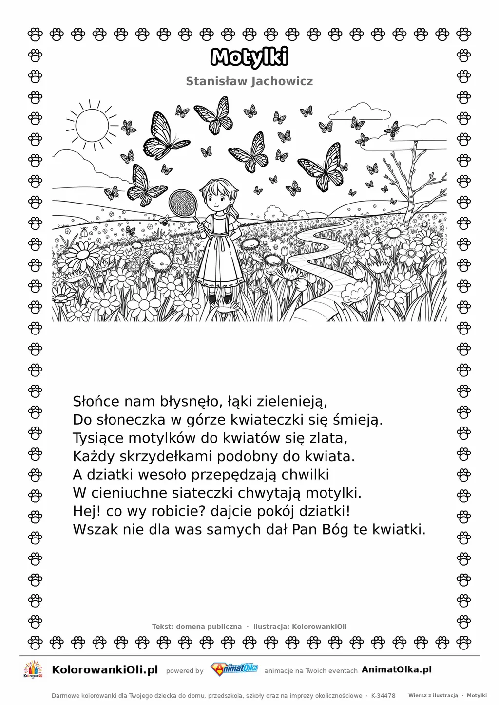Motylki (Stanisław Jachowicz) — tekst wiersza i ilustracja do kolorowania, karta A4 do druku