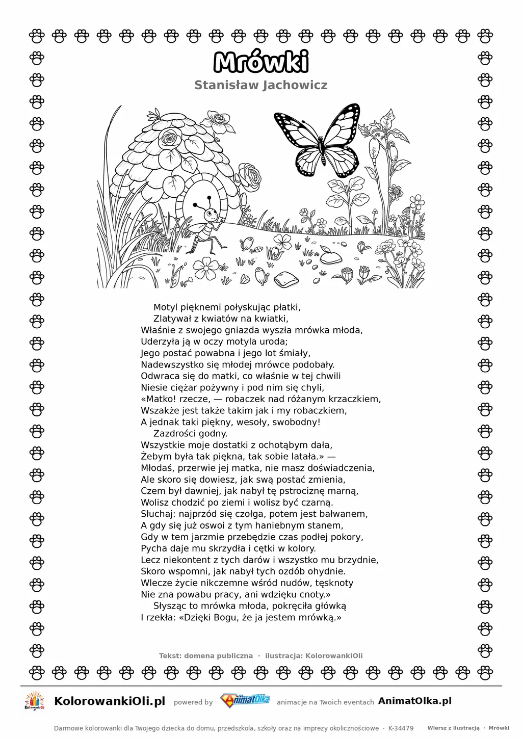 Mrówki (Stanisław Jachowicz) — tekst wiersza i ilustracja do kolorowania, karta A4 do druku
