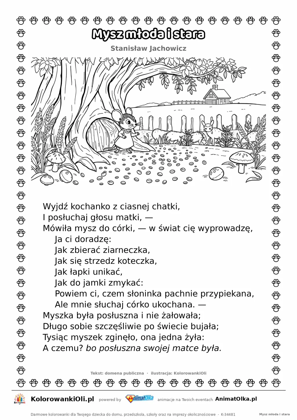 Mysz młoda i stara (Stanisław Jachowicz) — tekst wiersza i ilustracja do kolorowania, karta A4 do druku