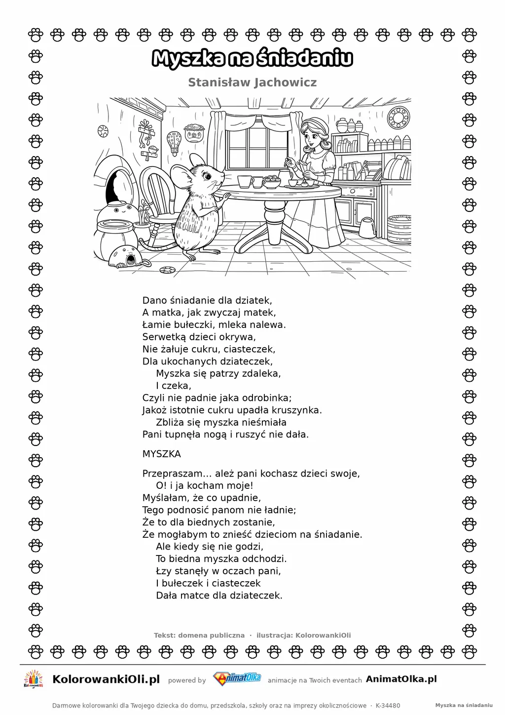 Myszka na śniadaniu (Stanisław Jachowicz) — tekst wiersza i ilustracja do kolorowania, karta A4 do druku