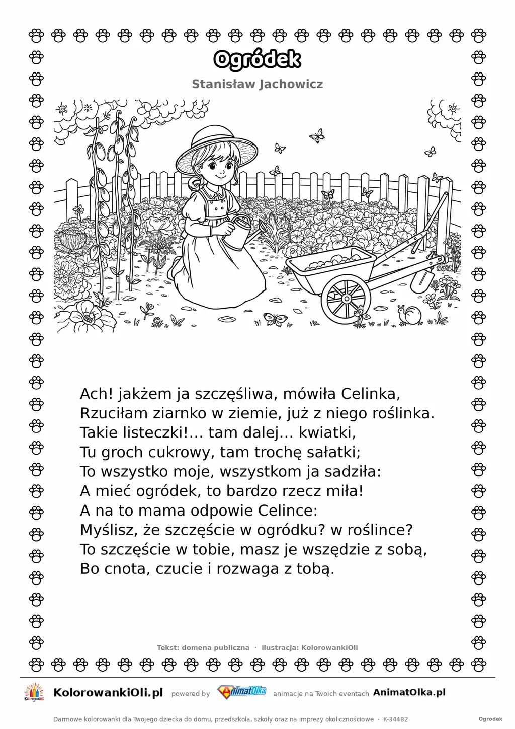 Ogródek (Stanisław Jachowicz) — tekst wiersza i ilustracja do kolorowania, karta A4 do druku