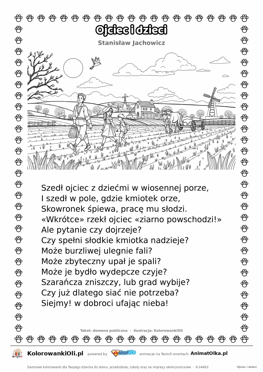 Ojciec i dzieci (Stanisław Jachowicz) — tekst wiersza i ilustracja do kolorowania, karta A4 do druku