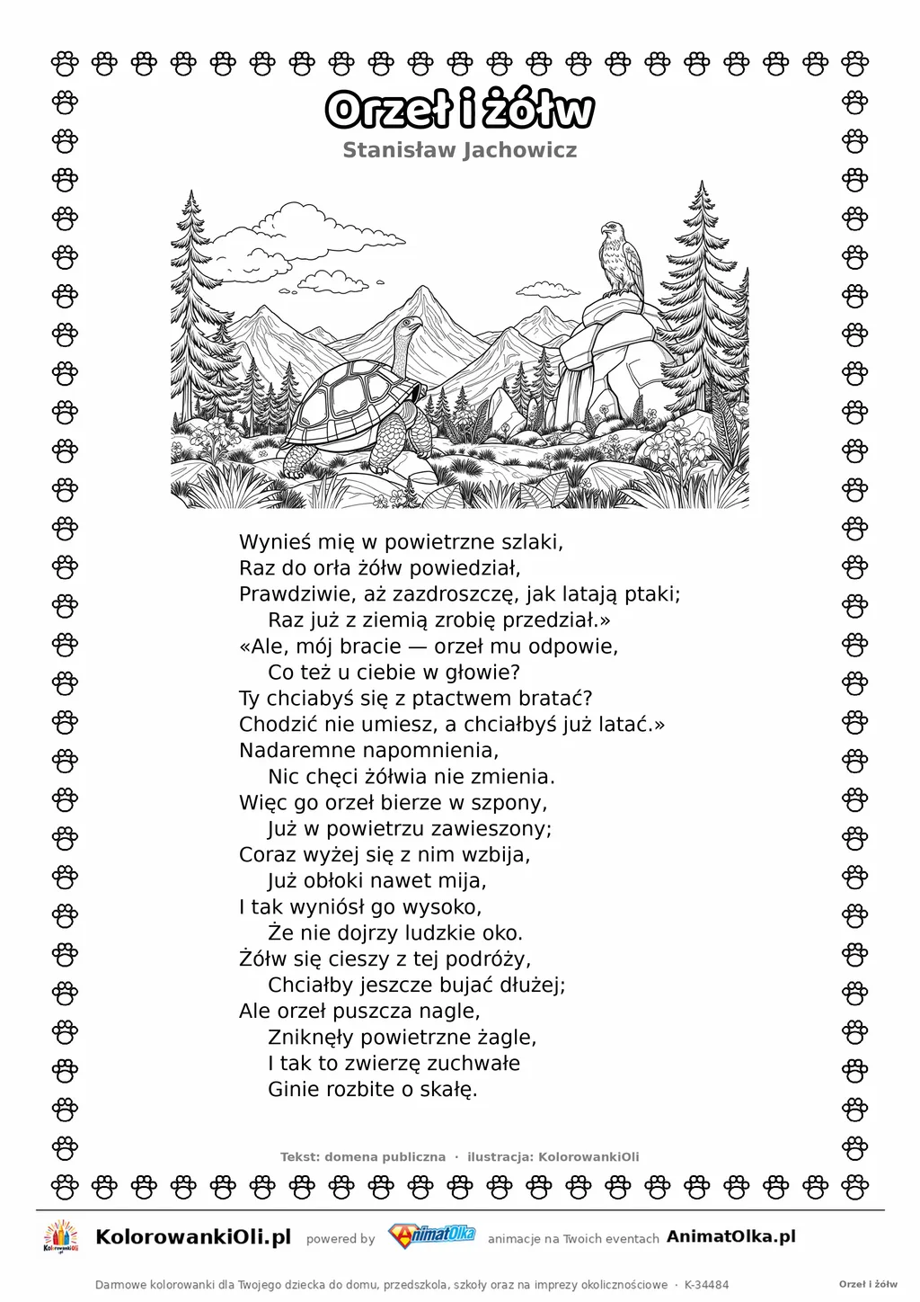 Orzeł i żółw (Stanisław Jachowicz) — tekst wiersza i ilustracja do kolorowania, karta A4 do druku