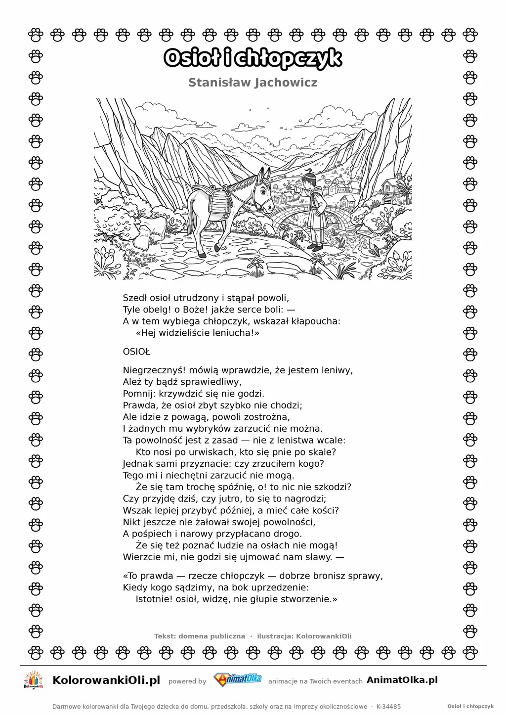 Osioł i chłopczyk (Stanisław Jachowicz) — tekst wiersza i ilustracja do kolorowania, karta A4 do druku