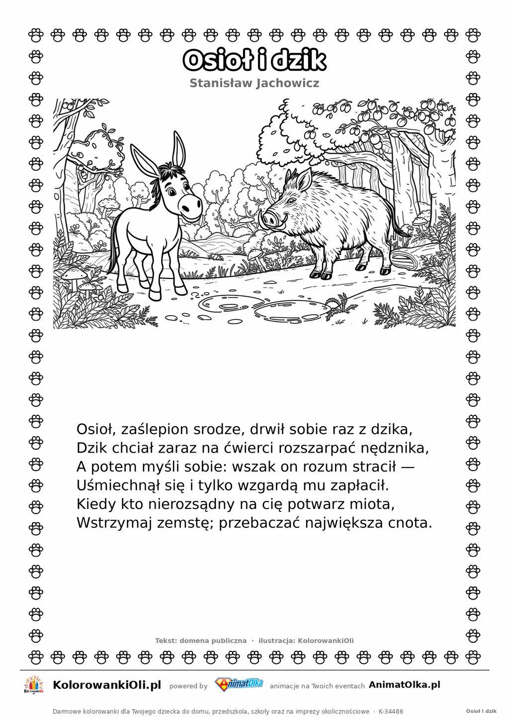Osioł i dzik (Stanisław Jachowicz) — tekst wiersza i ilustracja do kolorowania, karta A4 do druku
