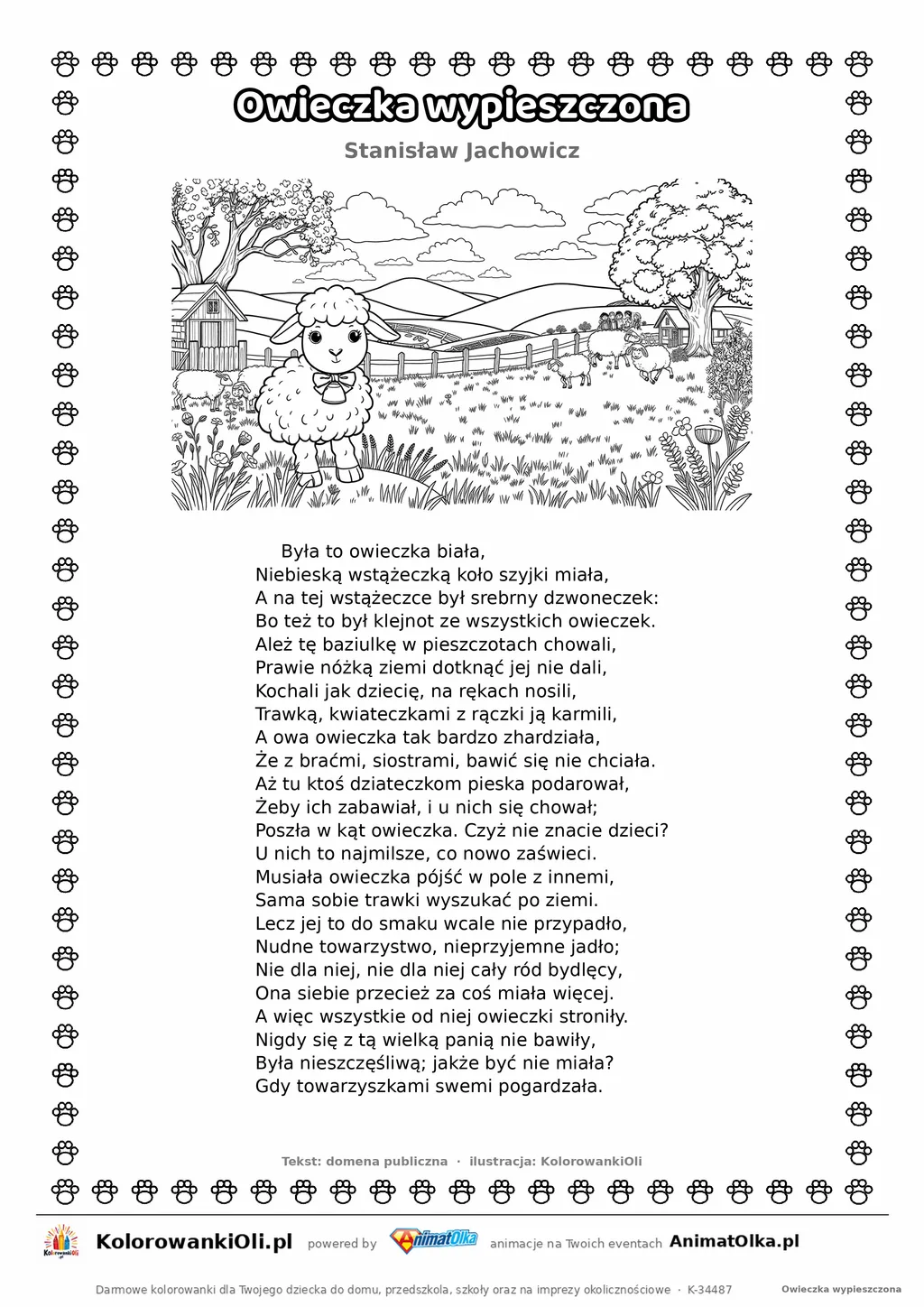 Owieczka wypieszczona (Stanisław Jachowicz) — tekst wiersza i ilustracja do kolorowania, karta A4 do druku