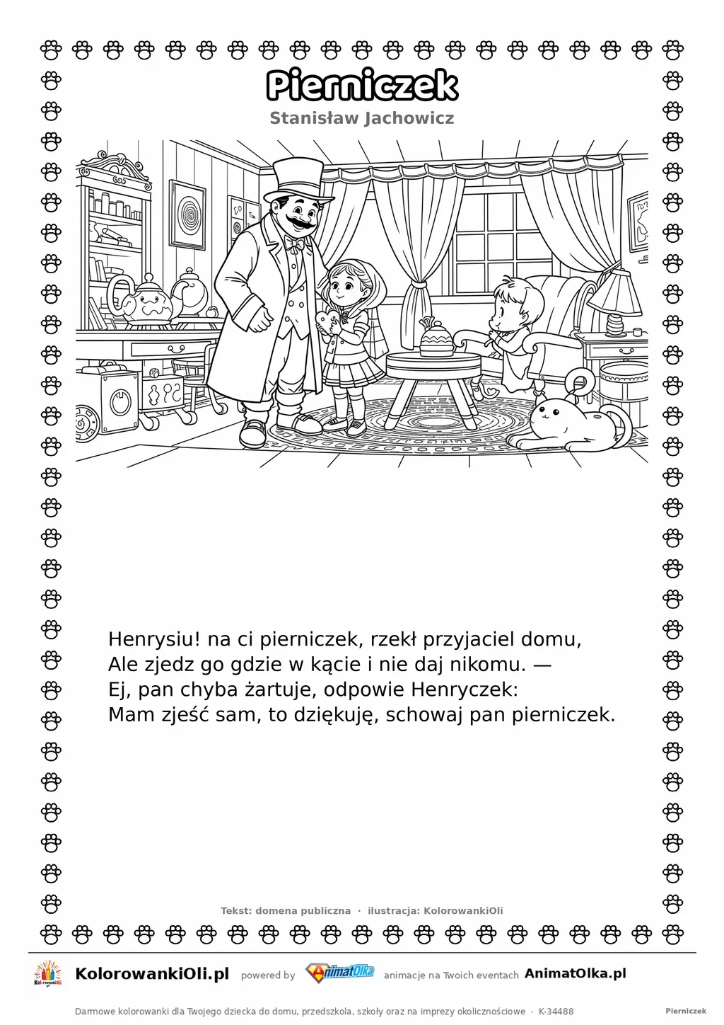 Pierniczek (Stanisław Jachowicz) — tekst wiersza i ilustracja do kolorowania, karta A4 do druku