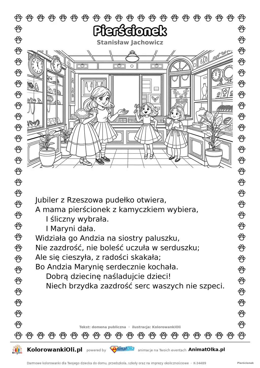 Pierścionek (Stanisław Jachowicz) — tekst wiersza i ilustracja do kolorowania, karta A4 do druku