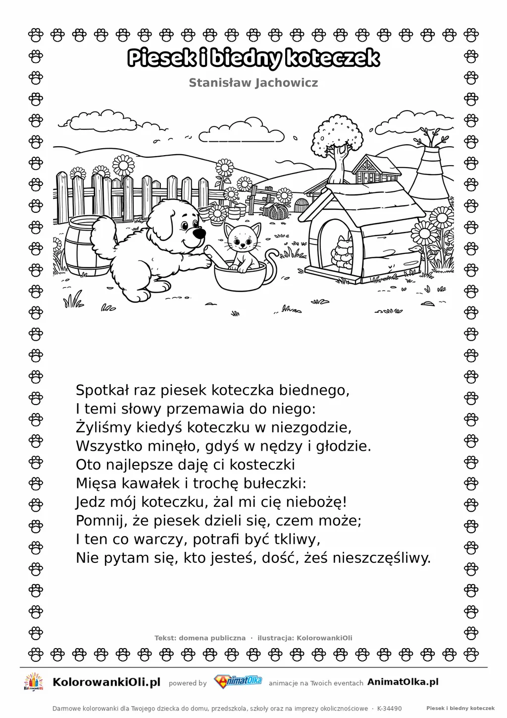 Piesek i biedny koteczek (Stanisław Jachowicz) — tekst wiersza i ilustracja do kolorowania, karta A4 do druku