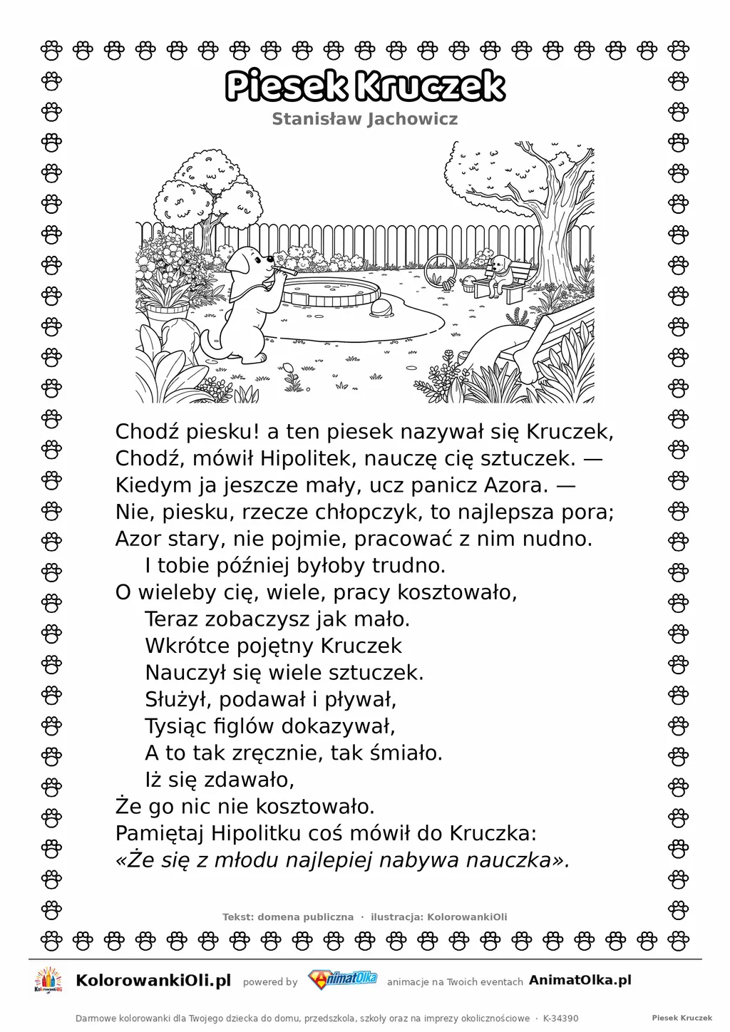 Piesek Kruczek (Stanisław Jachowicz) — tekst wiersza i ilustracja do kolorowania, karta A4 do druku