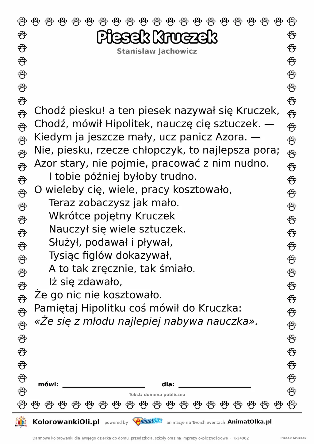 Piesek Kruczek (Stanisław Jachowicz) — tekst wiersza do druku A4 z ramką do pokolorowania