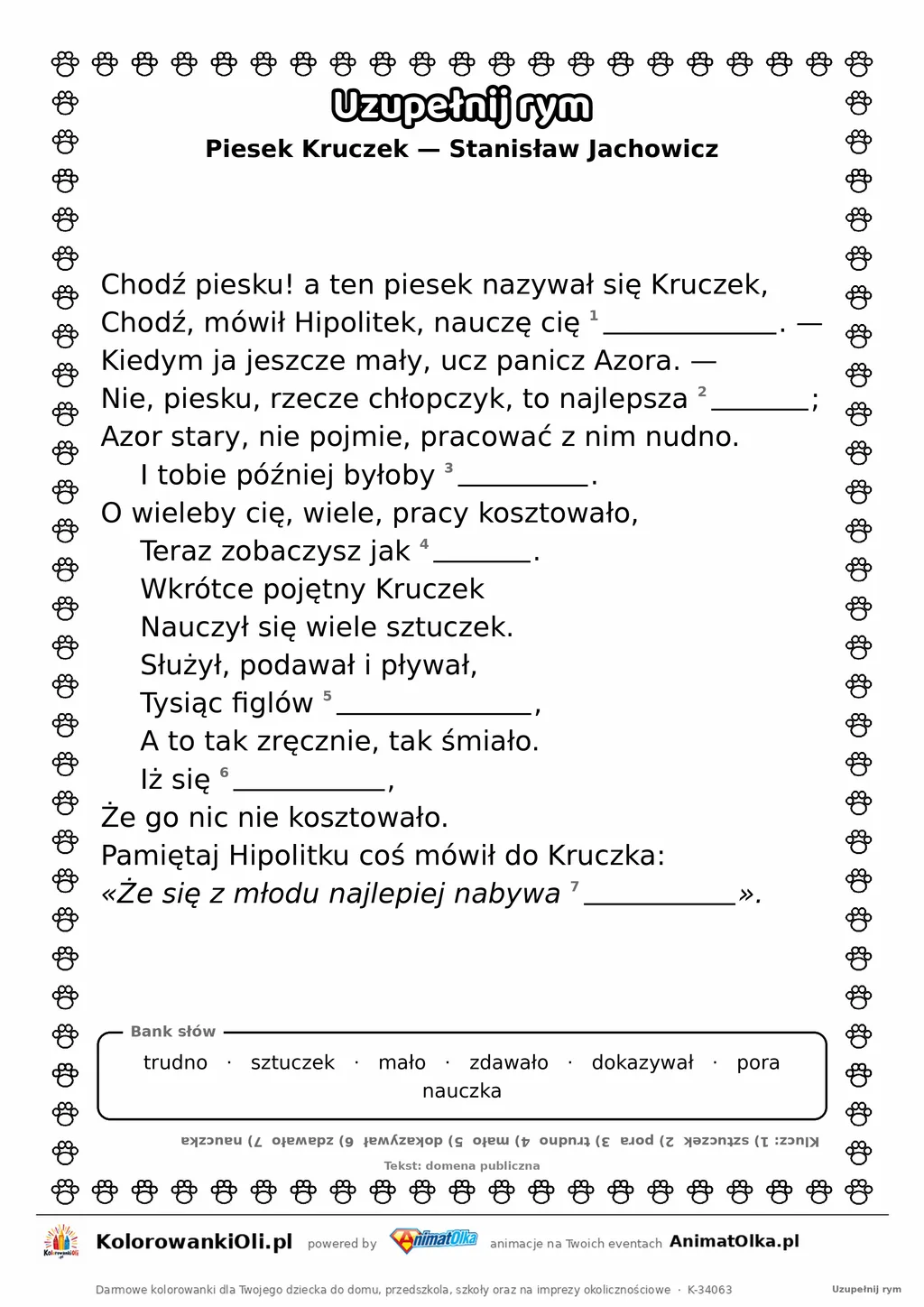 Uzupełnij rym — Piesek Kruczek (Stanisław Jachowicz): karta pracy z lukami w rymach, A4