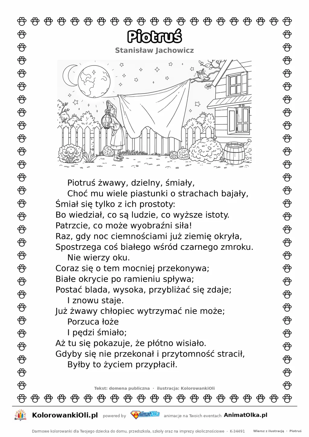 Piotruś (Stanisław Jachowicz) — tekst wiersza i ilustracja do kolorowania, karta A4 do druku