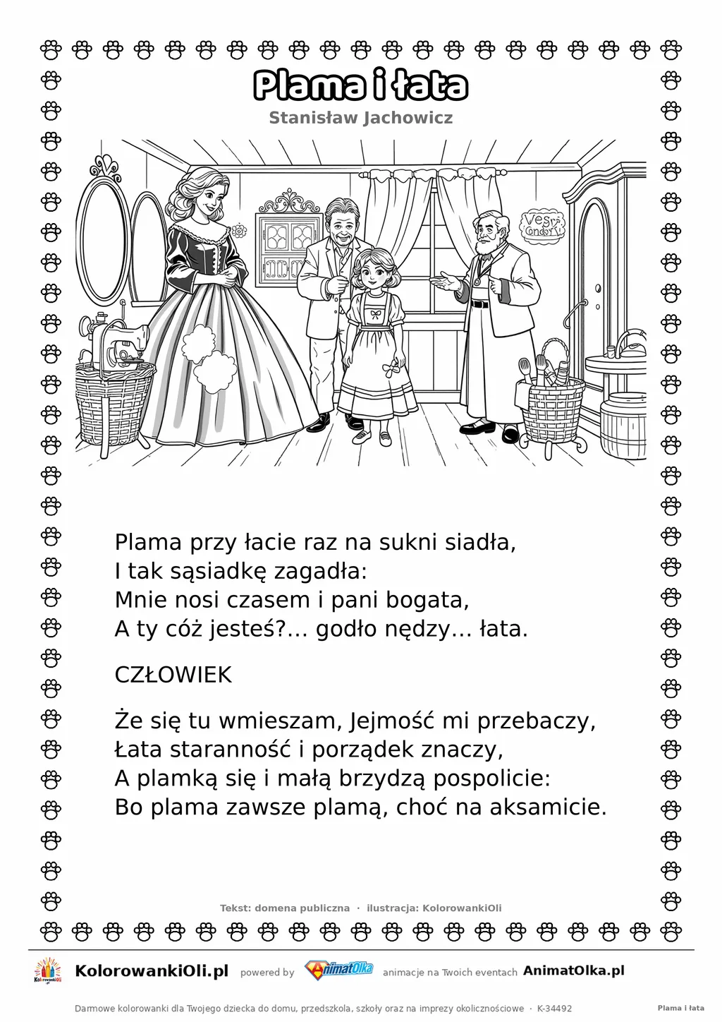 Plama i łata (Stanisław Jachowicz) — tekst wiersza i ilustracja do kolorowania, karta A4 do druku