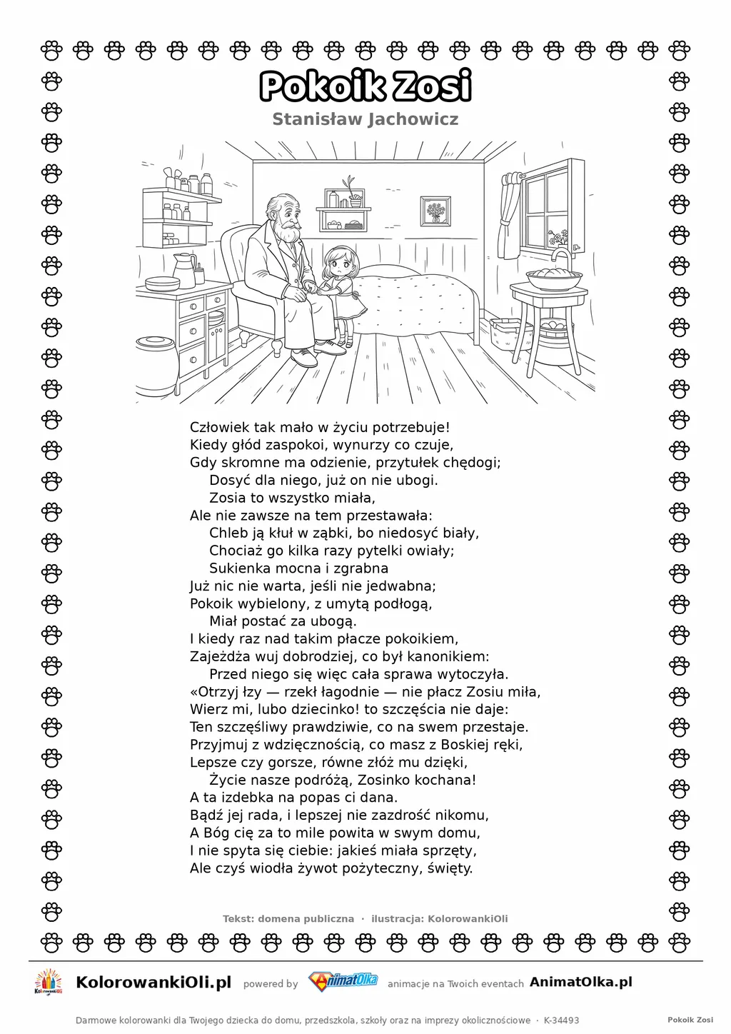 Pokoik Zosi (Stanisław Jachowicz) — tekst wiersza i ilustracja do kolorowania, karta A4 do druku