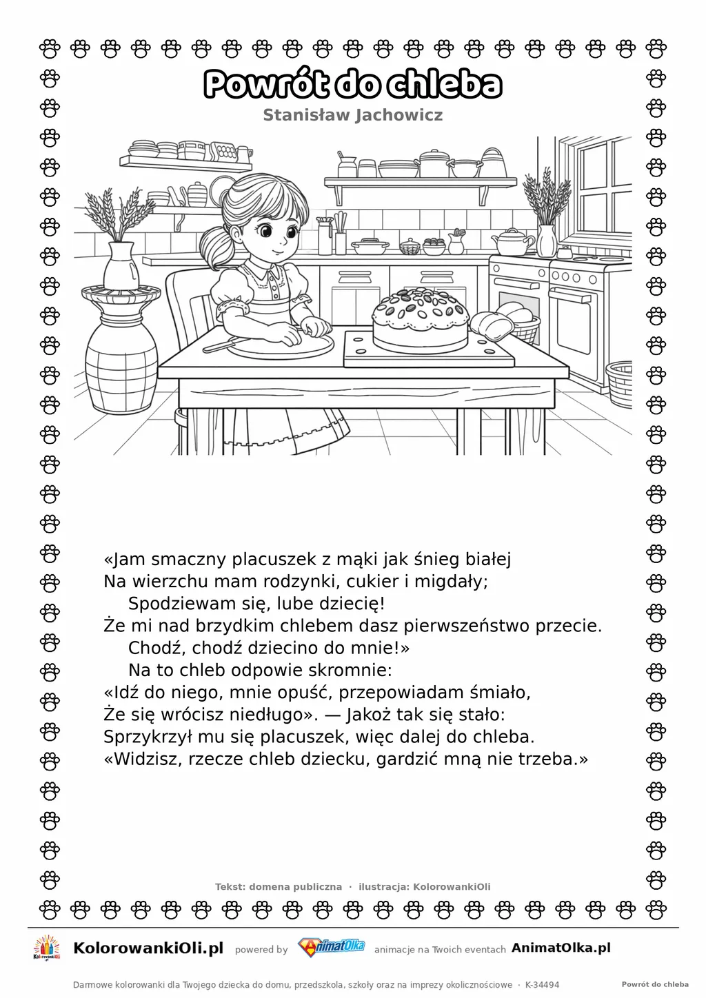 Powrót do chleba (Stanisław Jachowicz) — tekst wiersza i ilustracja do kolorowania, karta A4 do druku