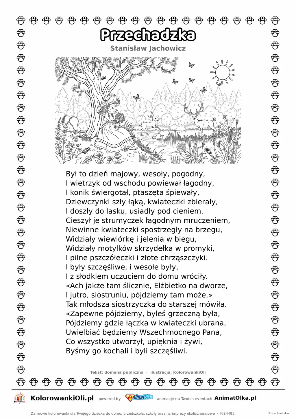 Przechadzka (Stanisław Jachowicz) — tekst wiersza i ilustracja do kolorowania, karta A4 do druku