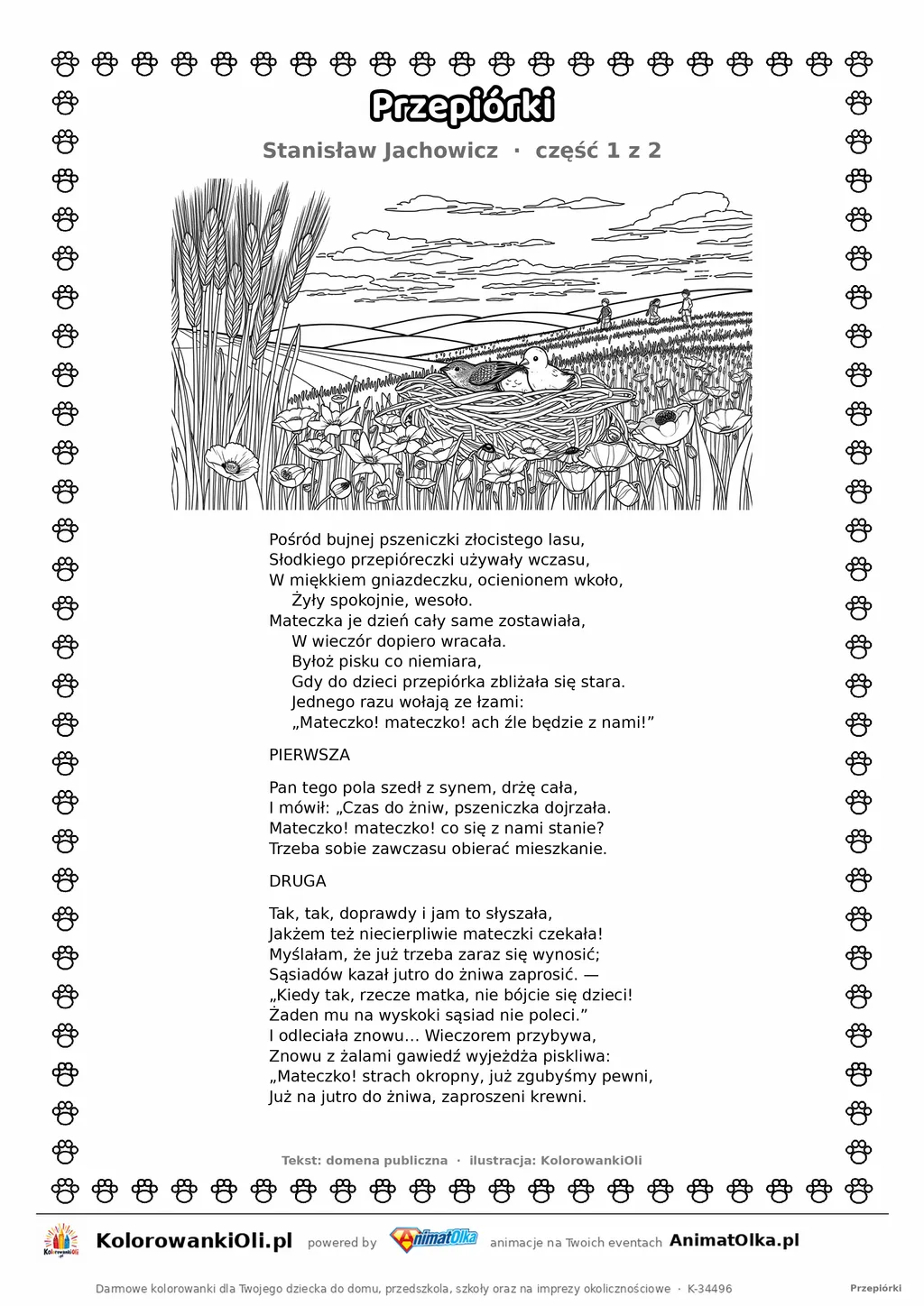 Przepiórki (Stanisław Jachowicz) — tekst wiersza i ilustracja do kolorowania (część 1 z 2), karta A4 do druku