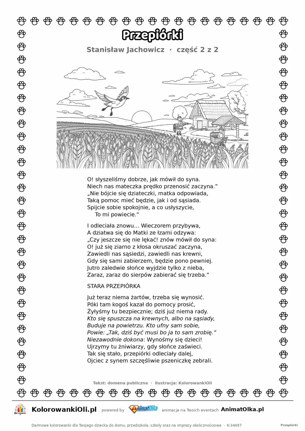 Przepiórki (Stanisław Jachowicz) — tekst wiersza i ilustracja do kolorowania (część 2 z 2), karta A4 do druku