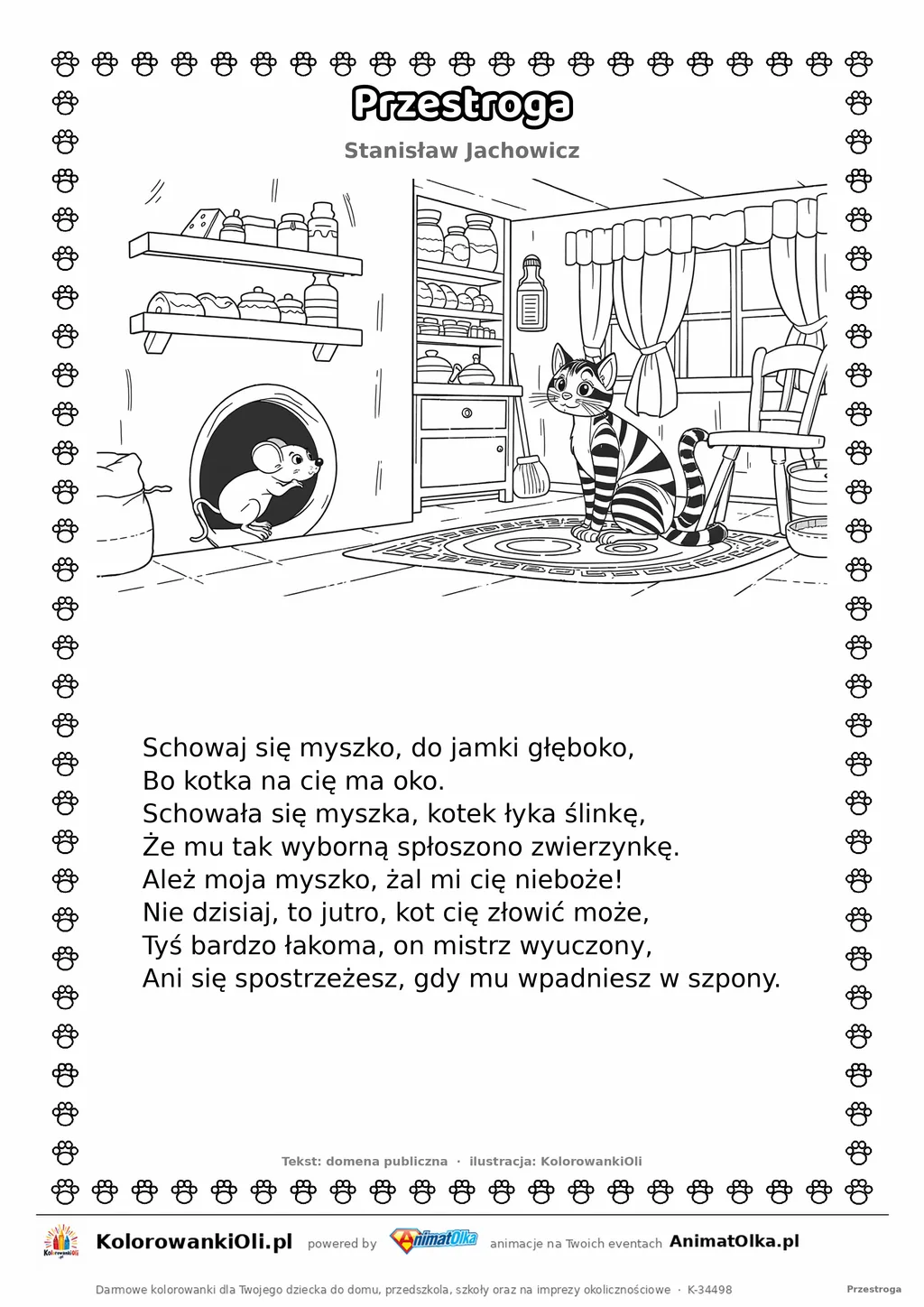 Przestroga (Stanisław Jachowicz) — tekst wiersza i ilustracja do kolorowania, karta A4 do druku