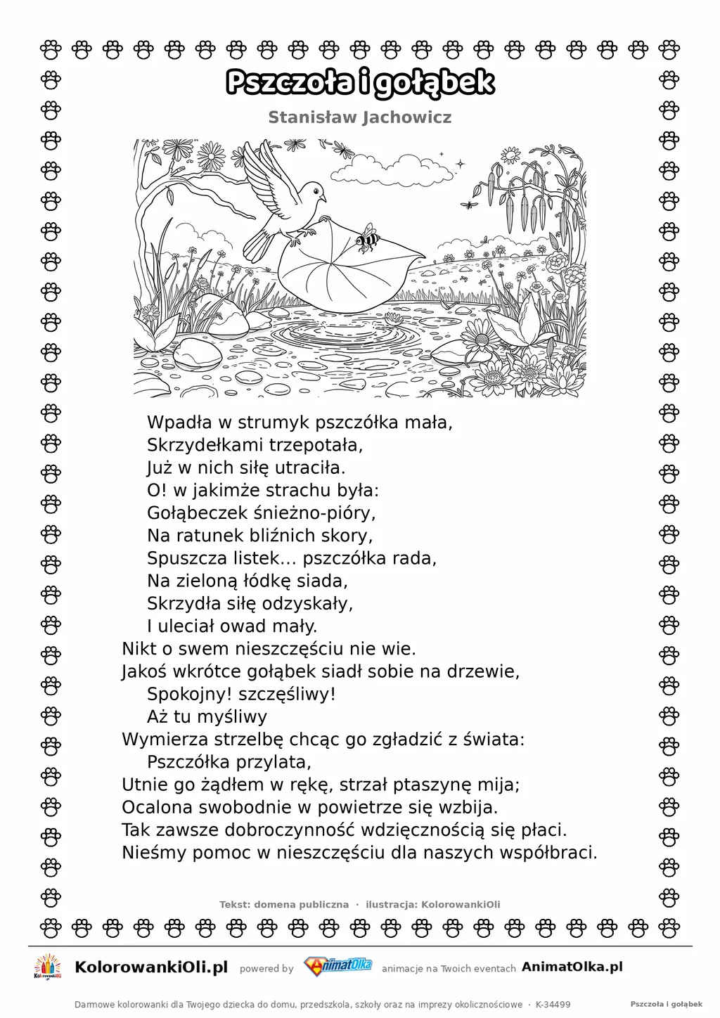 Pszczoła i gołąbek (Stanisław Jachowicz) — tekst wiersza i ilustracja do kolorowania, karta A4 do druku