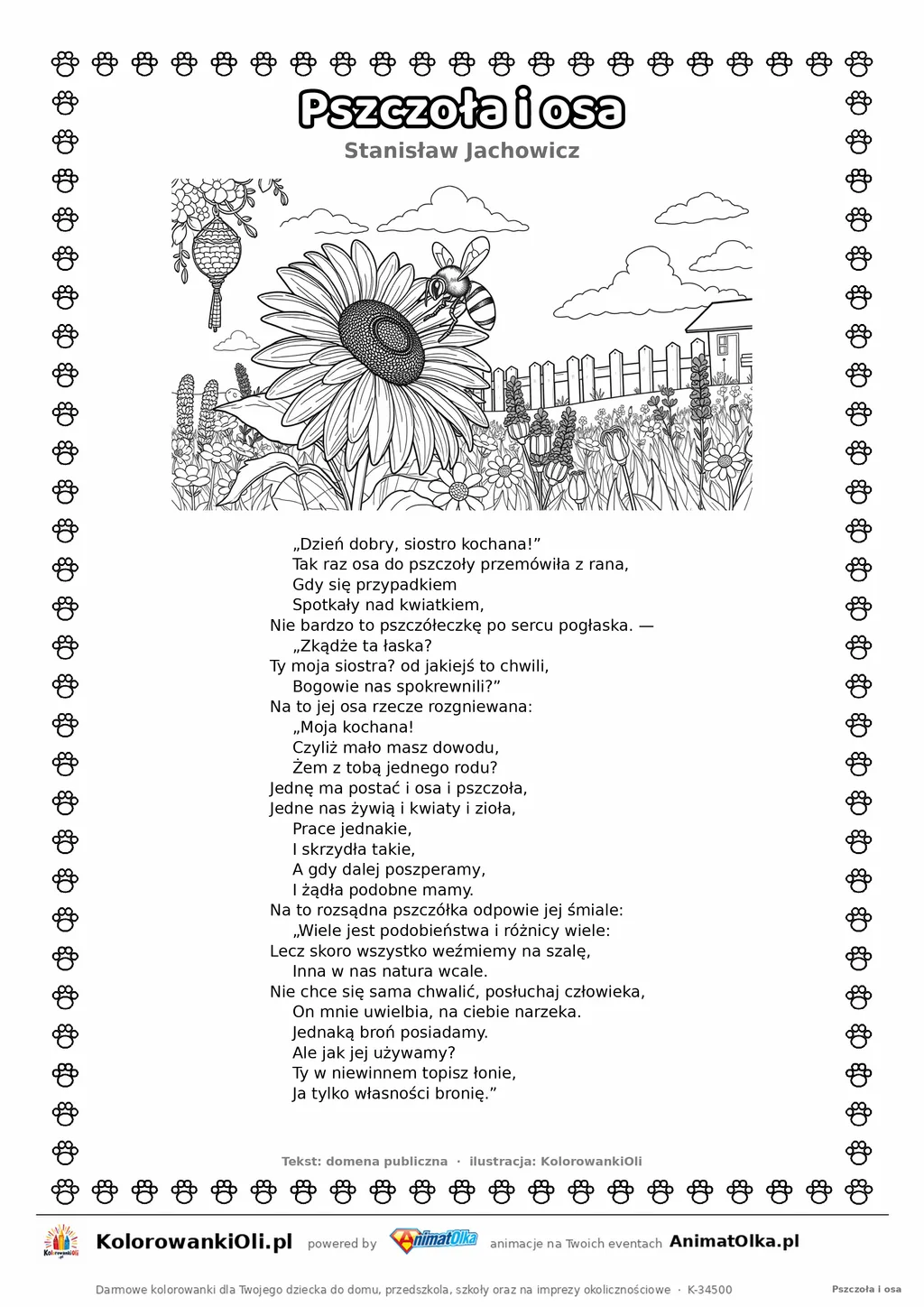 Pszczoła i osa (Stanisław Jachowicz) — tekst wiersza i ilustracja do kolorowania, karta A4 do druku