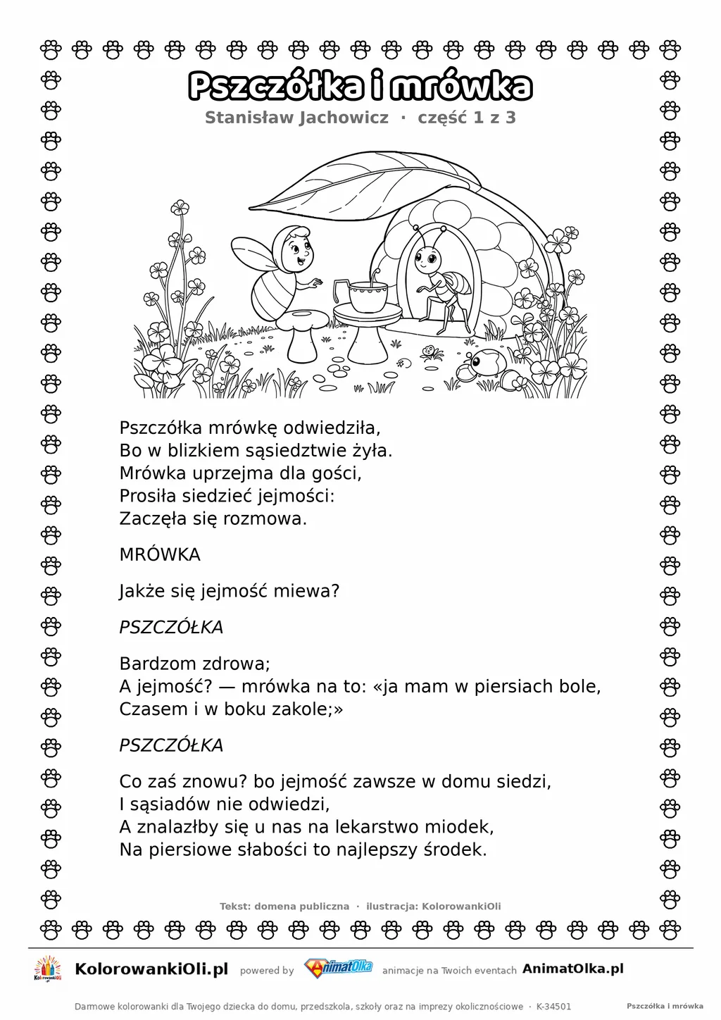 Pszczółka i mrówka (Stanisław Jachowicz) — tekst wiersza i ilustracja do kolorowania (część 1 z 3), karta A4 do druku