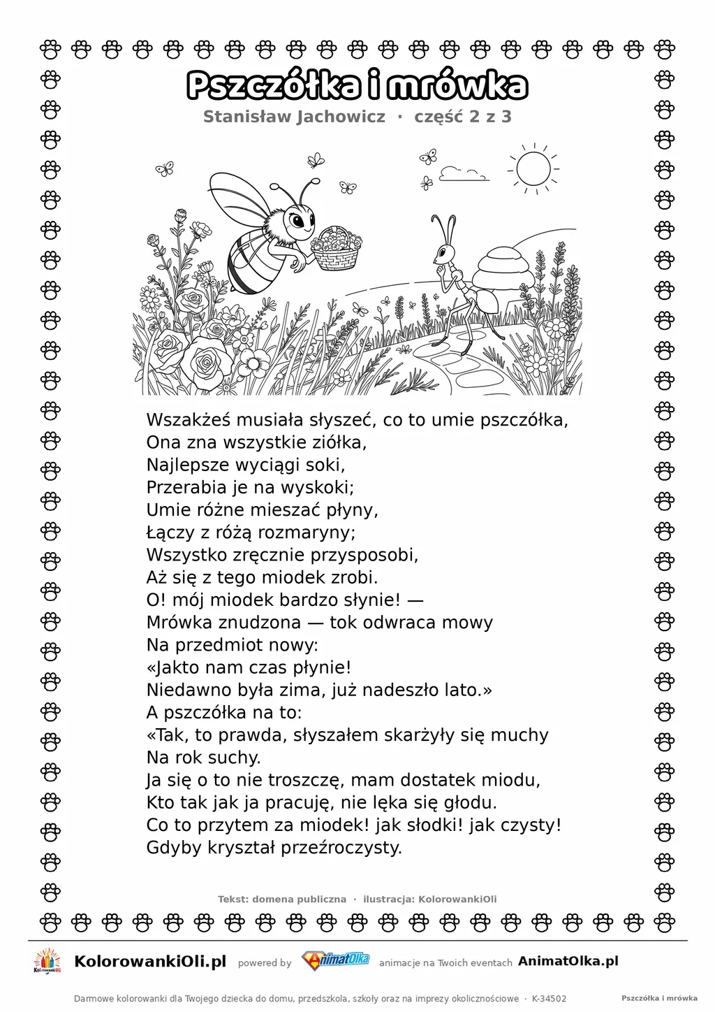 Pszczółka i mrówka (Stanisław Jachowicz) — tekst wiersza i ilustracja do kolorowania (część 2 z 3), karta A4 do druku