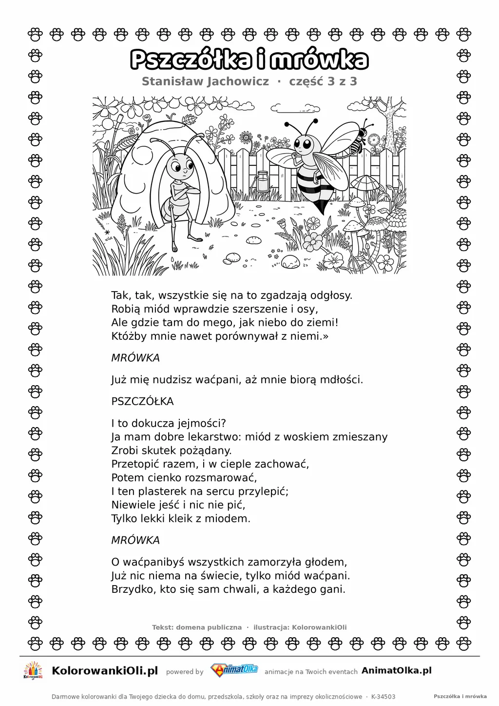 Pszczółka i mrówka (Stanisław Jachowicz) — tekst wiersza i ilustracja do kolorowania (część 3 z 3), karta A4 do druku