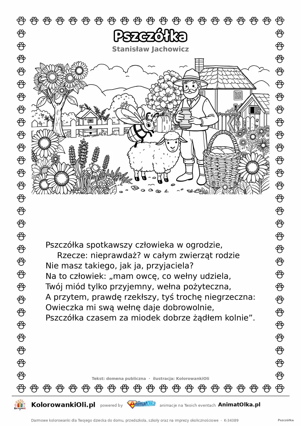 Pszczółka (Stanisław Jachowicz) — tekst wiersza i ilustracja do kolorowania, karta A4 do druku