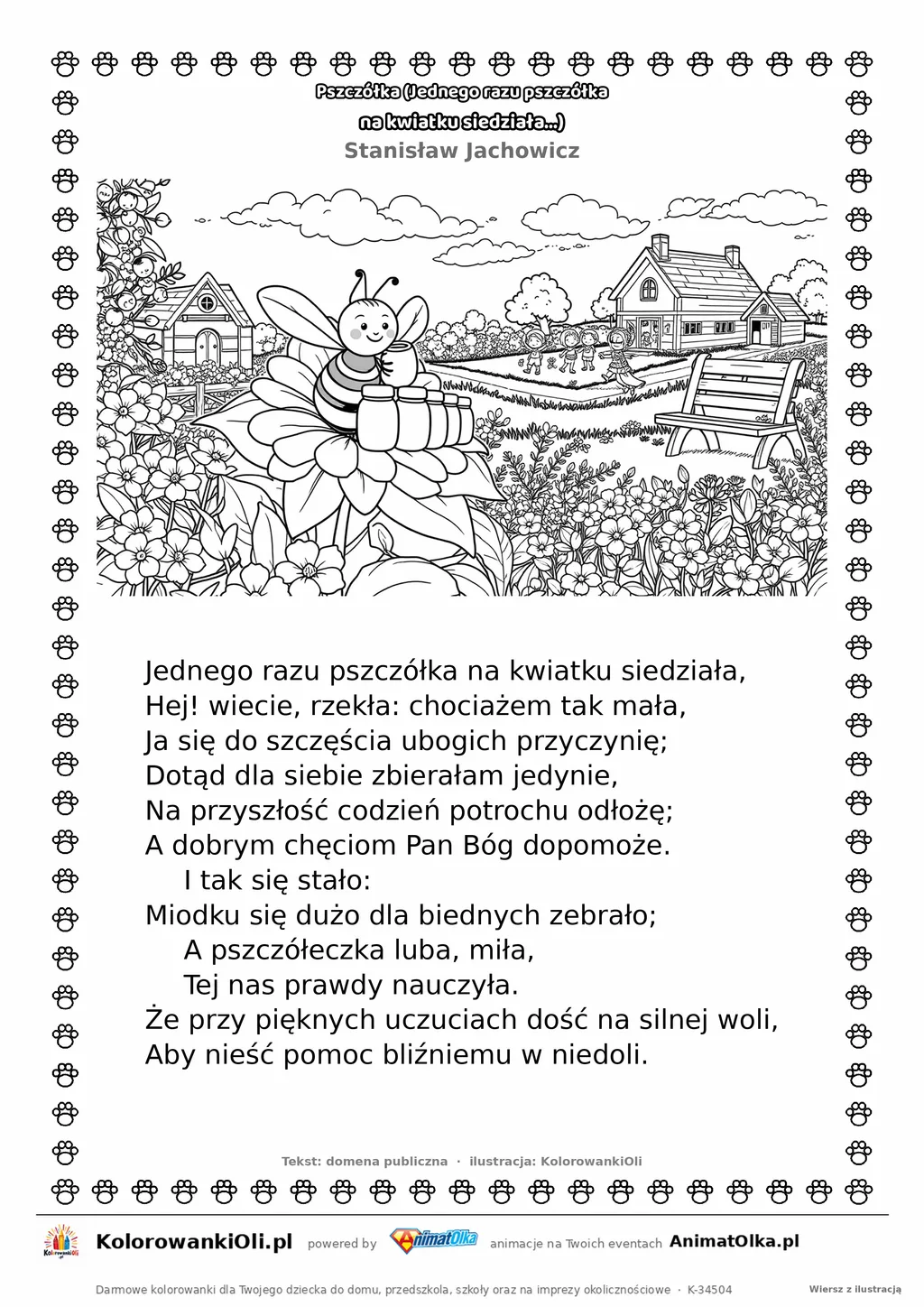 Pszczółka (Jednego razu pszczółka na kwiatku siedziała...) (Stanisław Jachowicz) — tekst wiersza i ilustracja do kolorowania, karta A4 do druku
