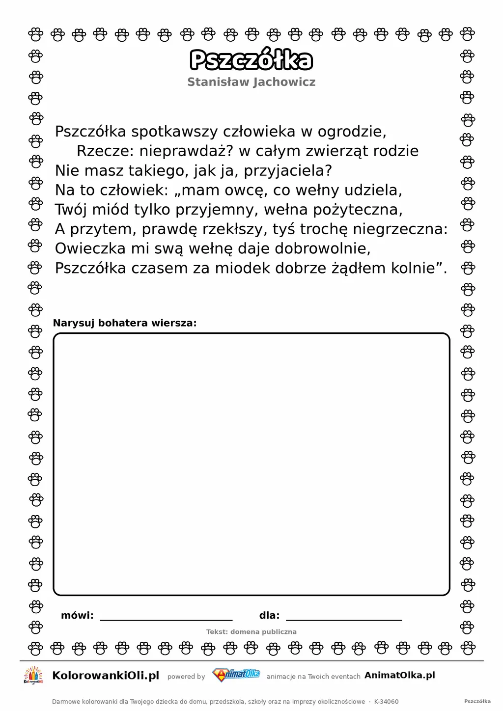 Pszczółka (Stanisław Jachowicz) — tekst wiersza do druku A4 z ramką do pokolorowania