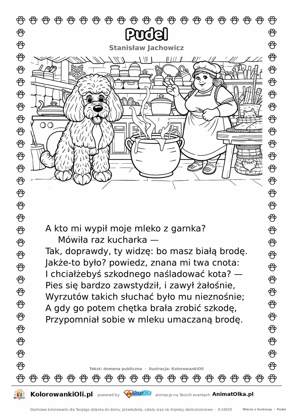 Pudel (Stanisław Jachowicz) — tekst wiersza i ilustracja do kolorowania, karta A4 do druku