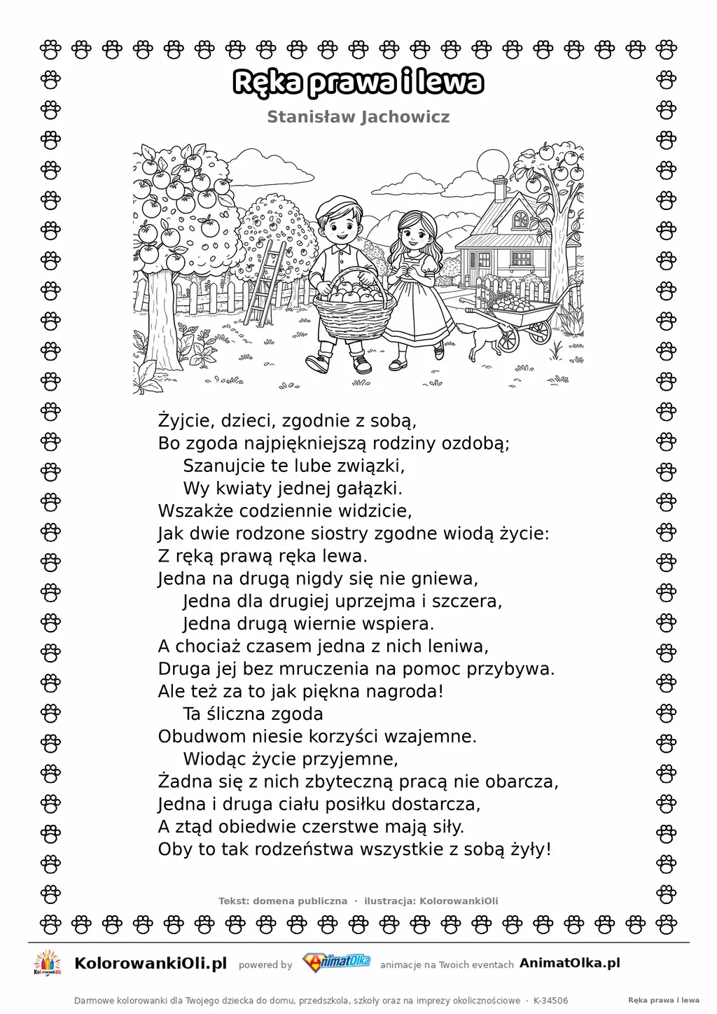 Ręka prawa i lewa (Stanisław Jachowicz) — tekst wiersza i ilustracja do kolorowania, karta A4 do druku