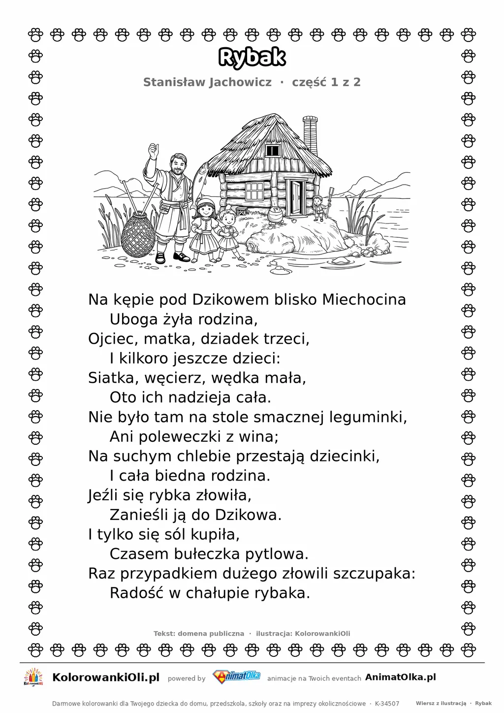 Rybak (Stanisław Jachowicz) — tekst wiersza i ilustracja do kolorowania (część 1 z 2), karta A4 do druku