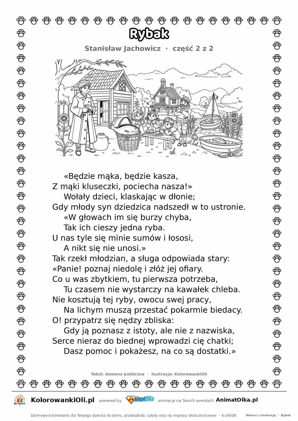 Rybak (Stanisław Jachowicz) — tekst wiersza i ilustracja do kolorowania (część 2 z 2), karta A4 do druku